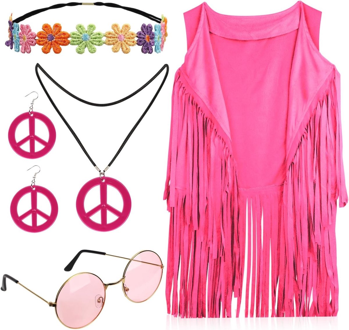 Hippie Kostuum Set voor Vrouwen met Mouwloze Tanktop, Franje Vest, Sieraden en Vintage Zonnebril voor 70s Disco Feestjes