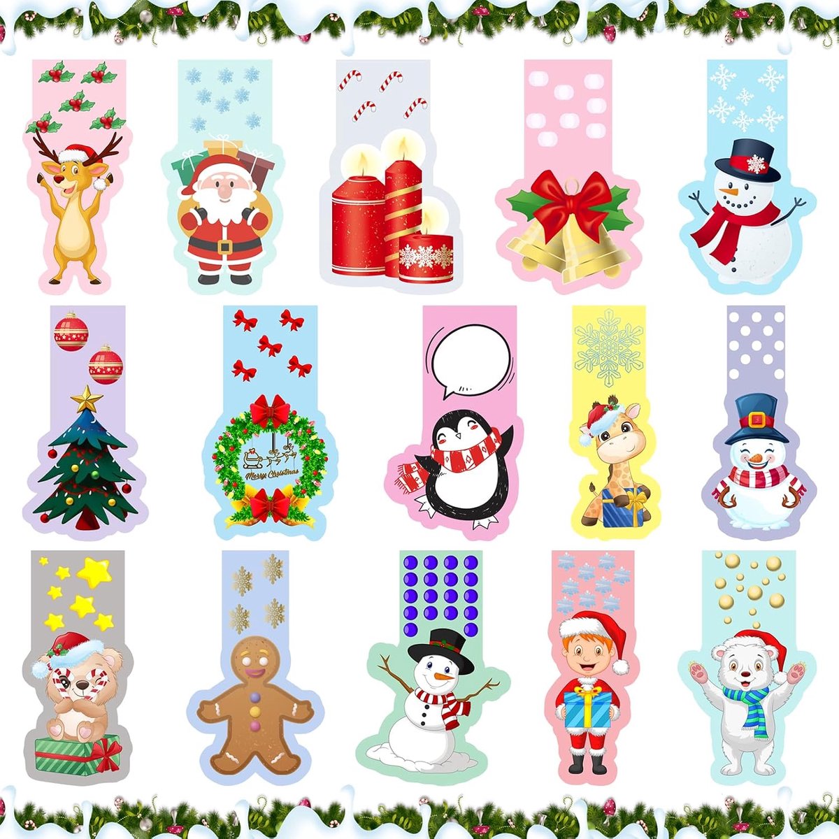 Boekenleggers, 30 stuks magnetische boekenleggers voor kinderen, leuke kerstmagneet bladwijzers met sneeuwman, kerstboom, rendier, kerstcadeaus