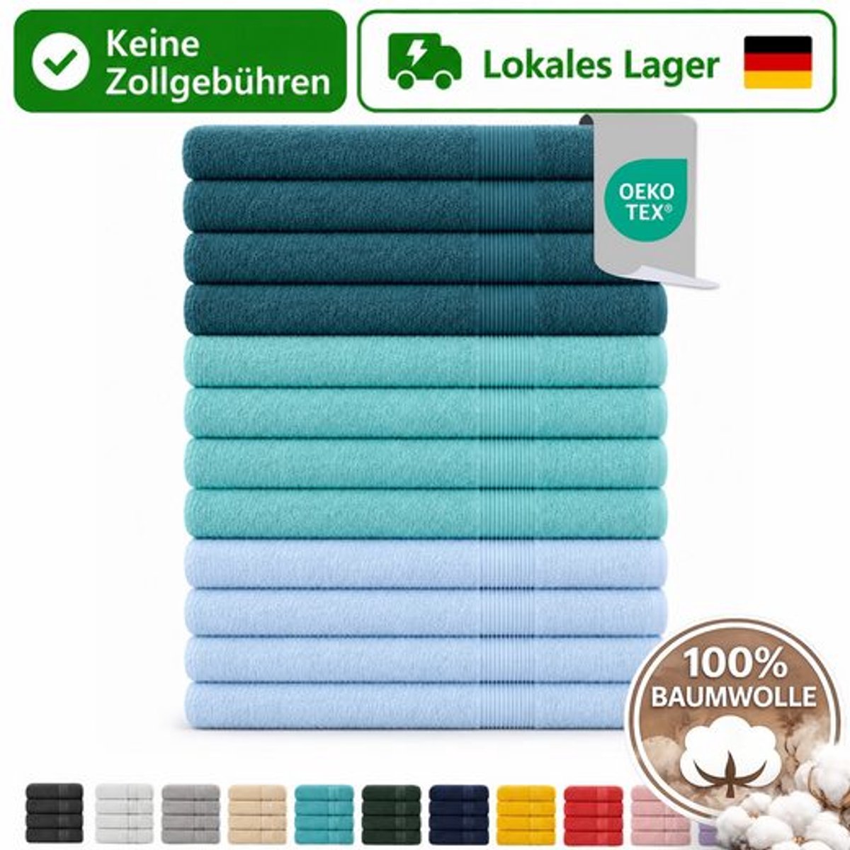 Komfortec Set van 12 Badhanddoek 100x200 cm van 100% Katoen, XXL Saunahanddoek, Grote Douchehanddoek, Zacht & Absorberend, Petroleumblauw&Lichtblauw&Turquoise