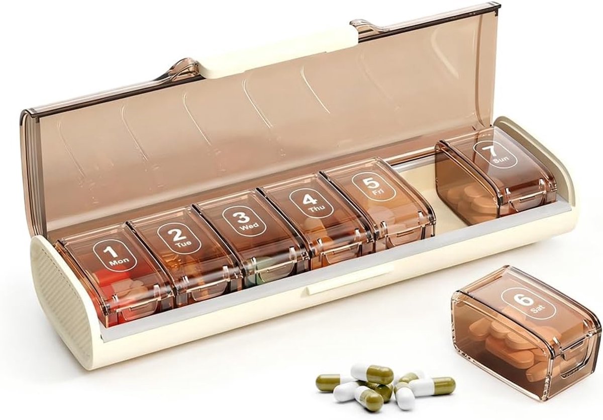 Tablettenbox voor 7 dagen, draagbare en vochtbestendige pillendoos voor medicijnen, vitaminen en voedingssupplementen onderweg