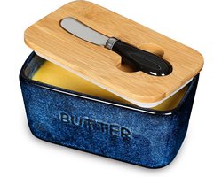 Botervloot Keeper Container - vicrays Porselein Luchtdicht Deksel Botercontainer met Mes voor Aanrecht - Grote Boter Keeper Crock voor West- of Oostkust Boter - Blauw