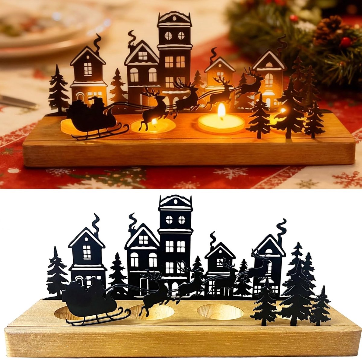 Kaarsenhouder adventskrans voor 4 theelicht, houten kandelaar met metalen kaarsenborden, adventsstuk, kerstkaarsendienblad, advent, theelichthouder voor tafeldecoratie, adventsdecoratie
