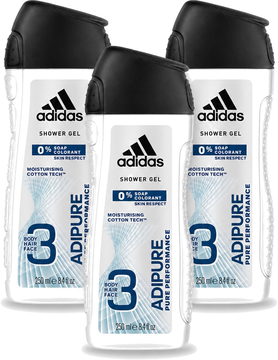 3 x Adidas - 3-in-1 Douchegel - Adipure Pure Performance - Huidvriendelijk - 0% Zeep Kleurstof - 250 ml - Voordeelverpakking - 3 stuks