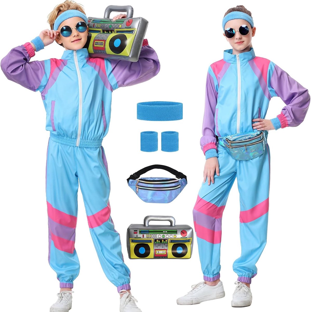 80-kostuum voor kinderen, jaren 90-outfit, trainingspak voor jongens en meisjes, Halloween, carnaval, 4-12 jaar