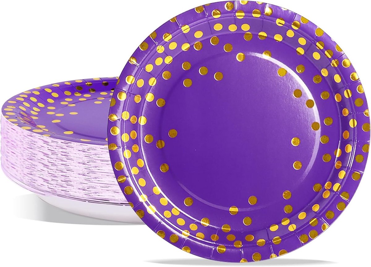 Paars en gouden partyservies, 50 stuks, papieren borden voor feestjes, 23 cm, ronde papieren borden voor verjaardag