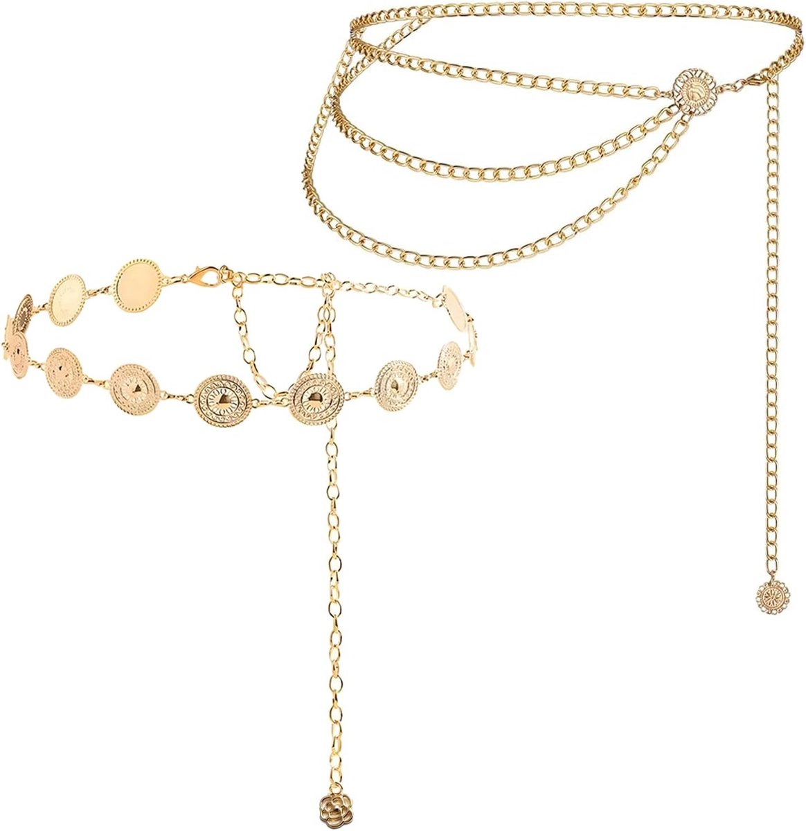 2 stuks gouden riem, meerlaagse tailleriem voor dames, boho-kettingriem, verstelbare tailleketting voor jeansjurken voor jurken, jeans, truien, stijlvol
