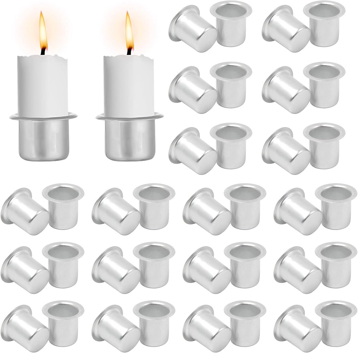Kaarsenhouders, 36 stuks, mini kaarsenhouders van metaal, zilver aluminium kaarsenhouders set, mini kaarsenhouders, decoratieve kaarsencups van metaal voor staafkaarsen, Ø12mm