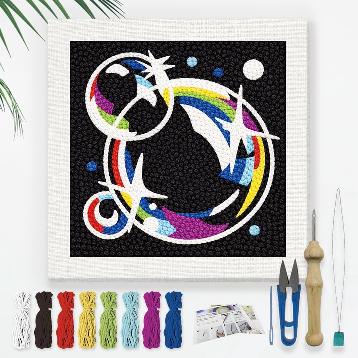 Regenboog Bubble Naaldset voor beginners, 24 x 24 cm Cartoon Bubble Punch Stiksels Craft Set, Kleur DIY Borduurwerk Starter met Gedrukt Frame, Instructie, Threader, Garen, Knijpnaald