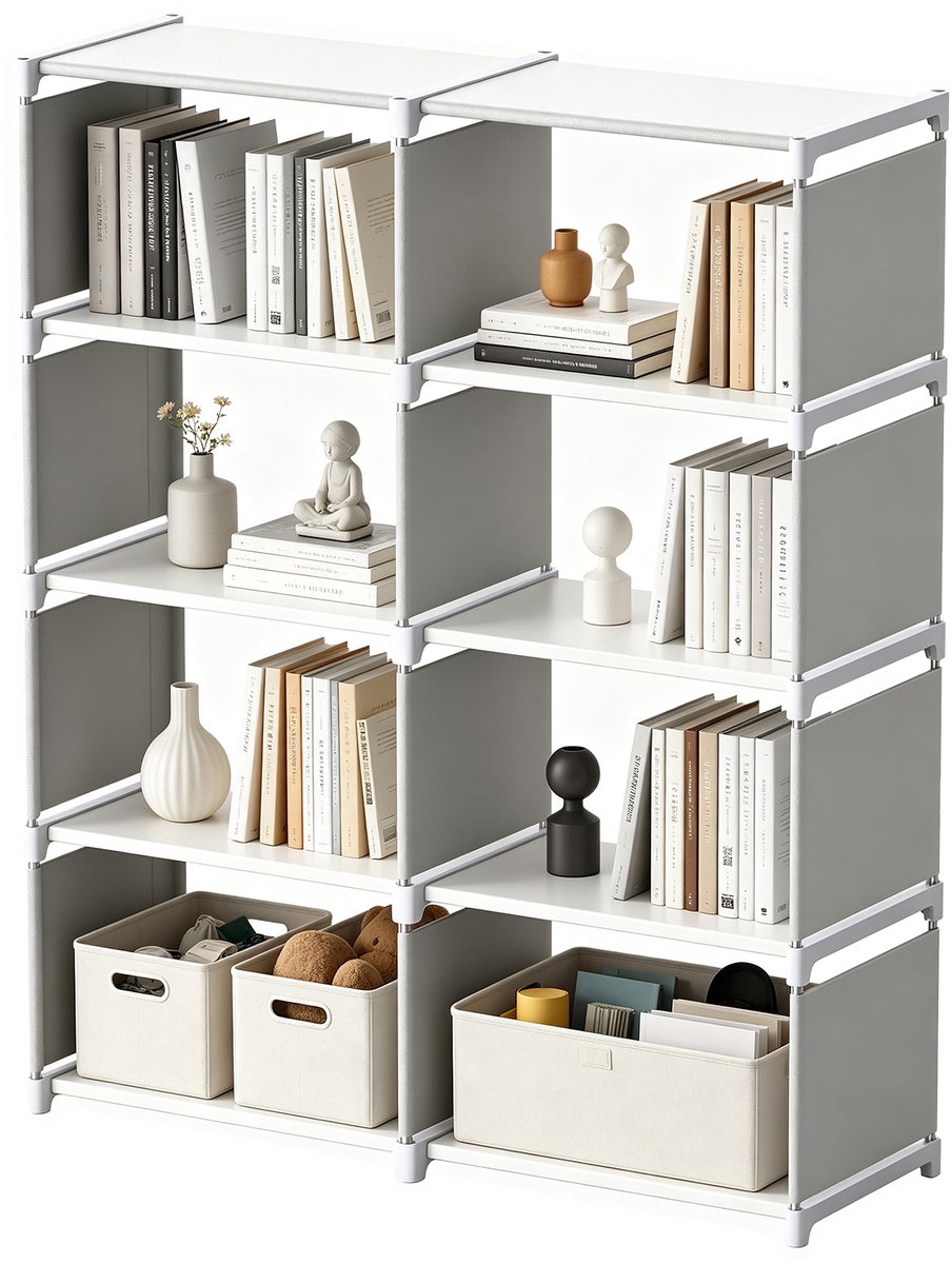 Soontrans - Boekenkast - Twee Rijen - 4 Lagen - 8 Vakjes - Multifunctionele Opbergkast - Modern design Vakkenkast geschikt voor Woonkamer - Slaapkamer en Studeerkamer - Wit