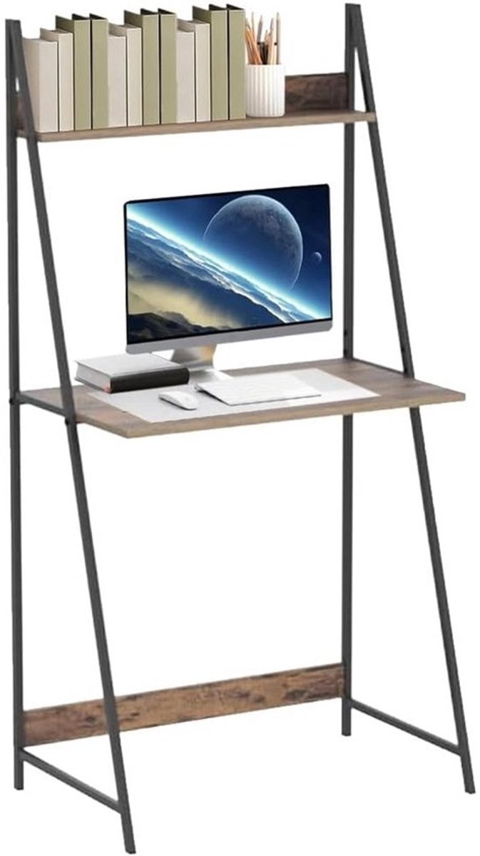 Computertafel met 2 niveaus en boekenplank, industrieel design, ruimtebesparend, zwart