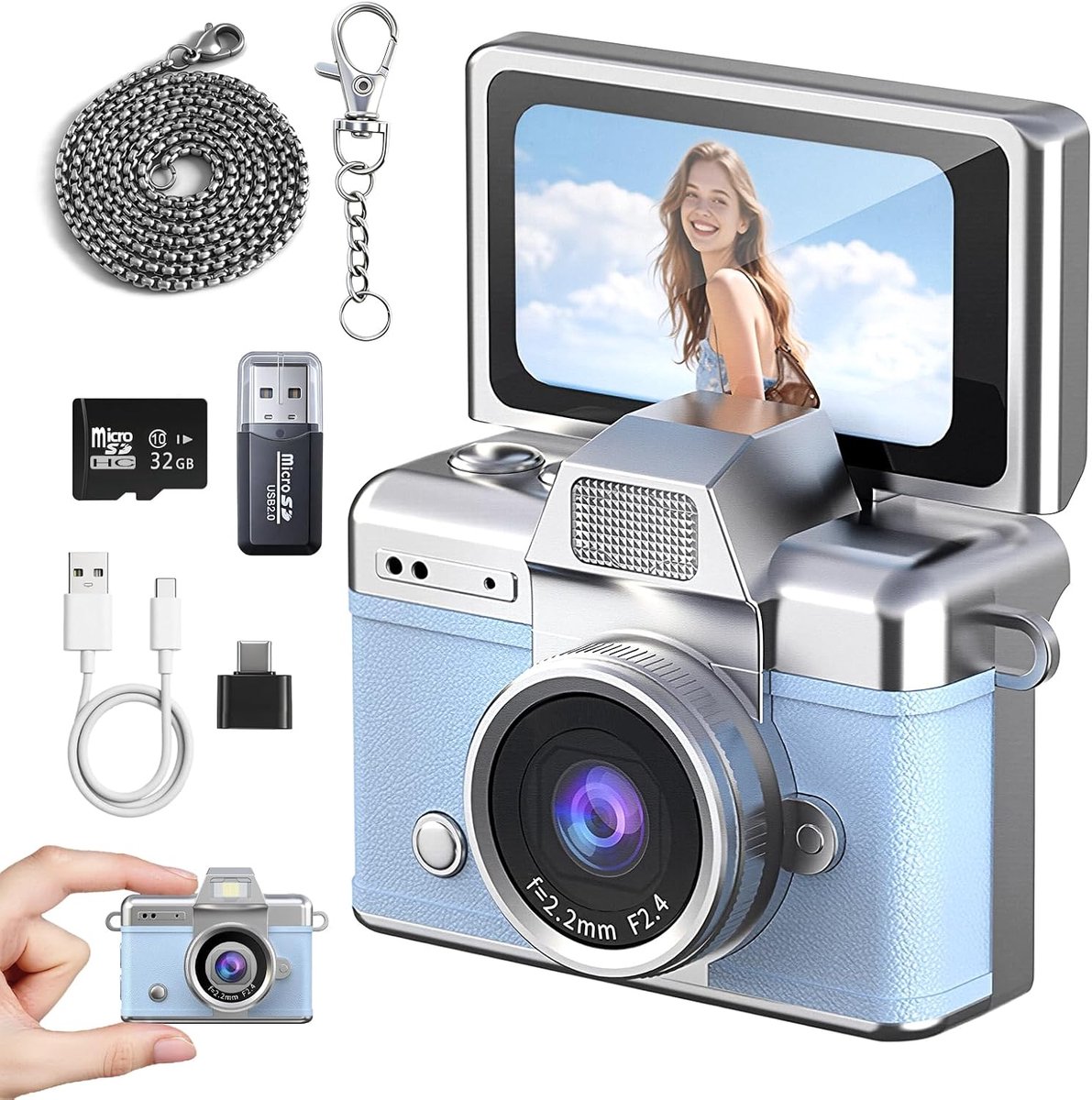 Mini Sleutelhanger Camera - HD Digitale Camera - Ultracompact & Retro Design - 32GB SD-kaart - USB-kaartlezer Adapter - Draagbare Mini Camera voor Reizen, Studie & Dagelijks Vloggen - Blauw