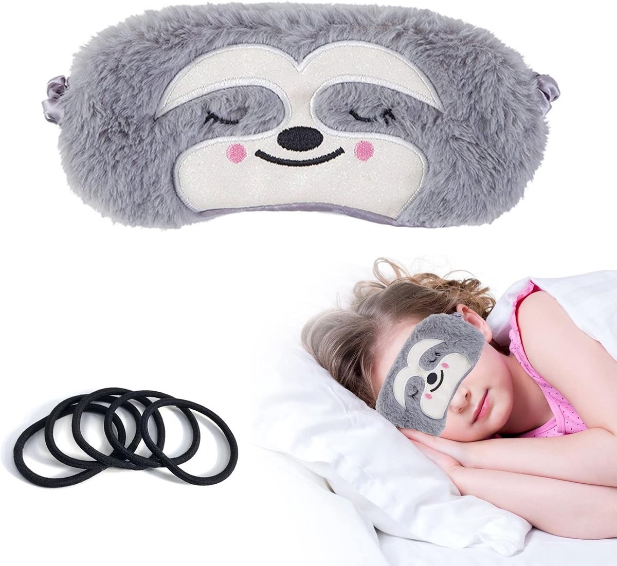Grappig en zacht slaapmasker in grijs met luiaarddesign, ideaal voor kinderen en volwassenen, perfect voor een goede nachtrust en ontspanning