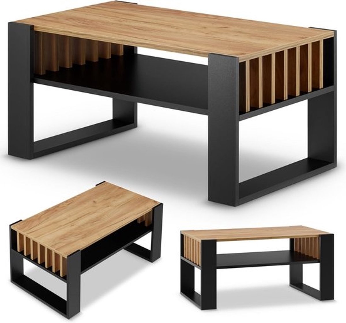 Moderne Salontafel 92 cm met Opbergruimte - Zwart Eiken en Lamb Ash - Stabiele Woonkamertafel