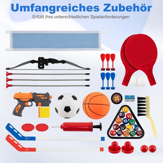 Uitgebreide set accessoires voor de speeltafel: pijl en boog, geweer, ballen, batjes, pucks.
