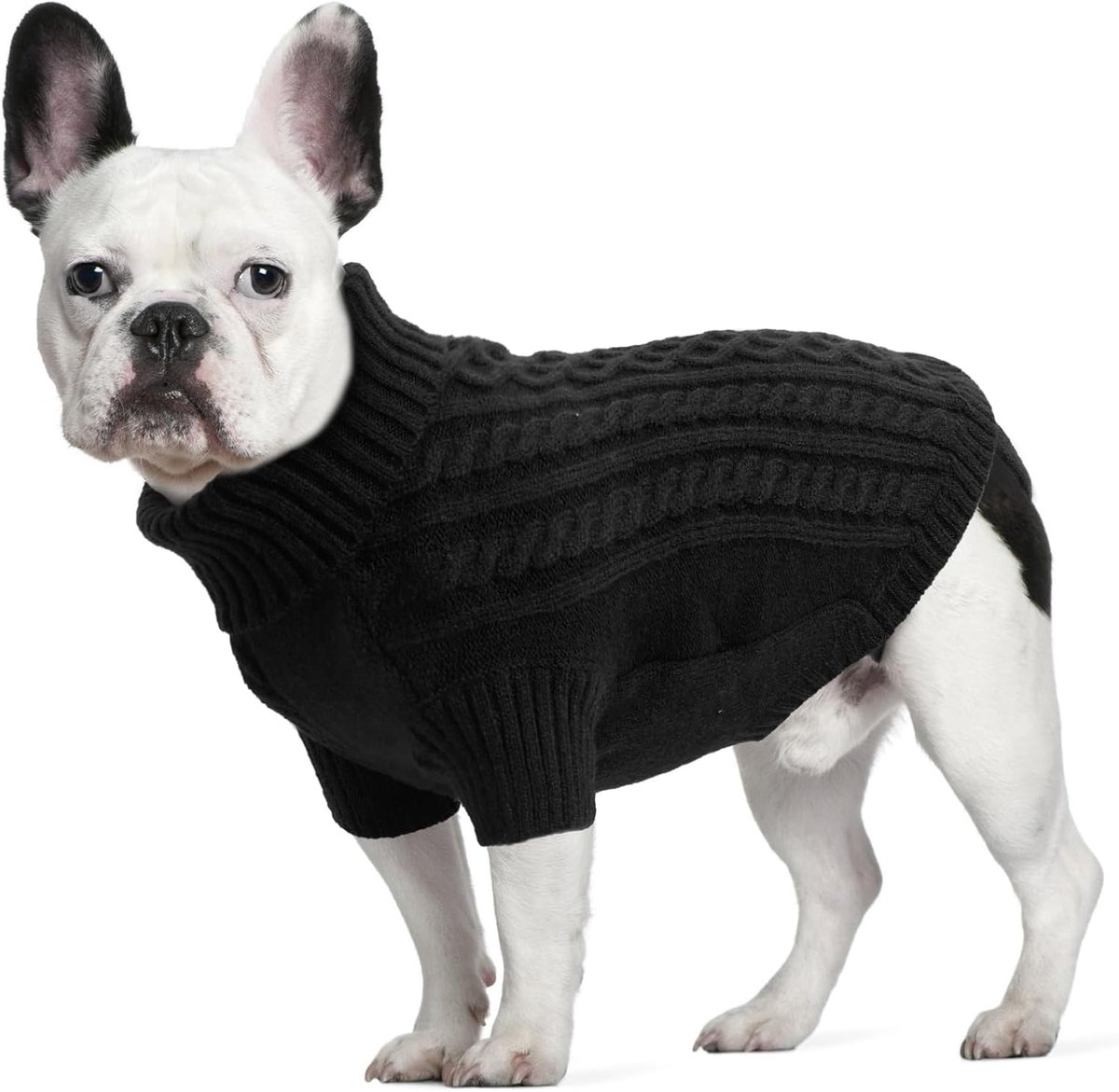 Truien voor Middelgrote Honden, Rolkraag Gebreide Hondentrui met Riemgat, Warme Wintertrui Koud Weer Kleding voor Teckel, Franse Buldog, Zwart, L
