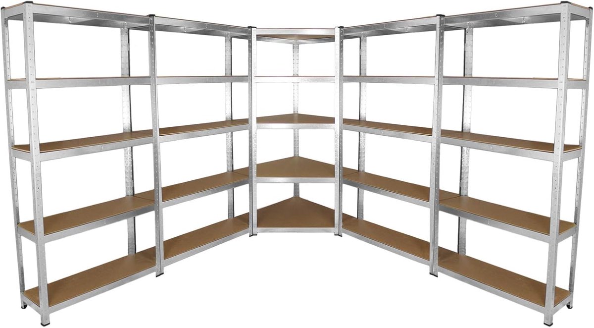 Stellingkasten 90 cm 4 rechte rekken + 1 hoekstelling 90x30x180 cm per rek 100% boutloos Draagkracht: 1750 kg
