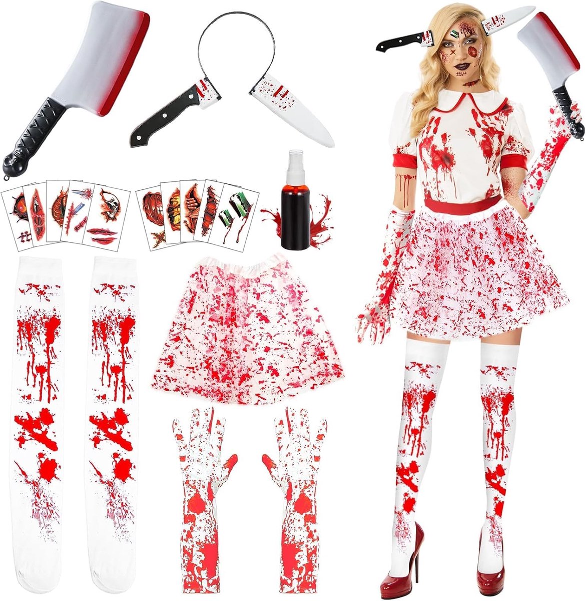 18-delige Halloween Bloedkostuumset voor Vrouwen: Tutu Rokken, Kunstmatig Plasma, Bloedbevlekte Handschoenen, Kousen, Mes Hoofdband, Handschoenen en Tattoo Stickers, Horror Carnavalskos