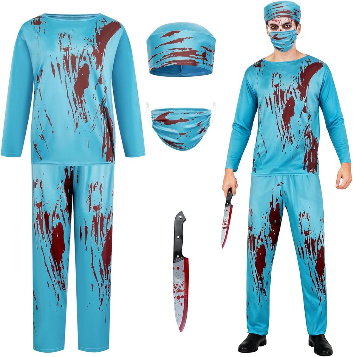 Zombiedokterskostuum voor heren, zombiedoktershoed, horrorchirurg-kostuum, Halloween-dokterset met bovendeel, broek, doktershoed, doktermasker, mes voor Halloween en carnaval