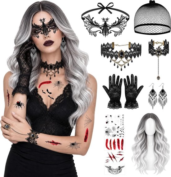 Grijze pruik dames lang golvend krullend onderkapje pruik met gothic accessoires haarnet