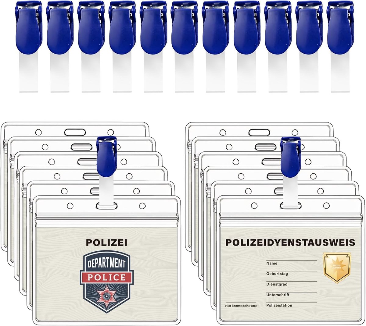 12 stuks politie-ID-kaarten met clip en hoes, feestkoord met politiemotief, ID-set voor kinderverjaardagen