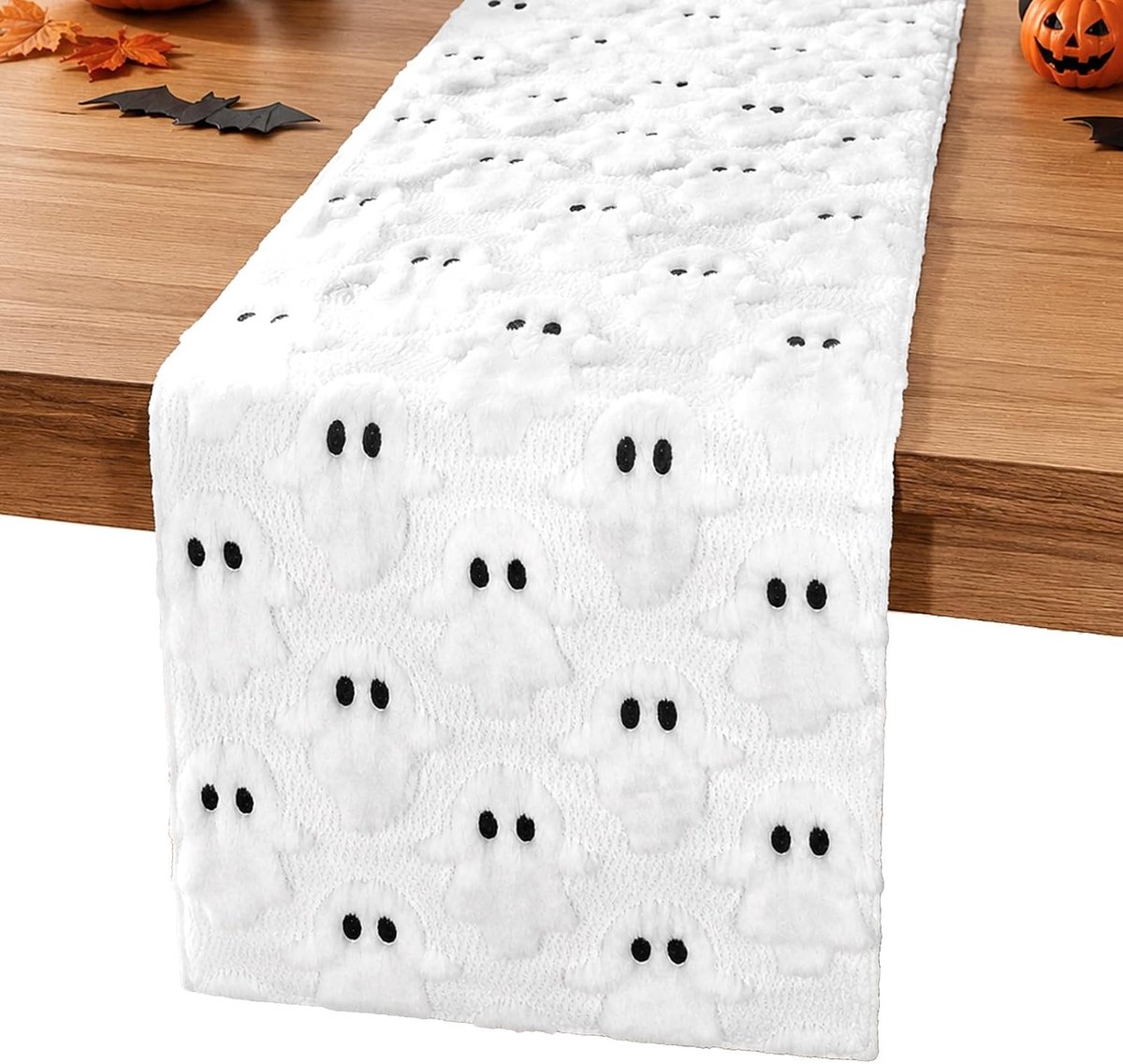 Tafelloper, wit tafelkleed met spookmotief (33 x 183 cm)