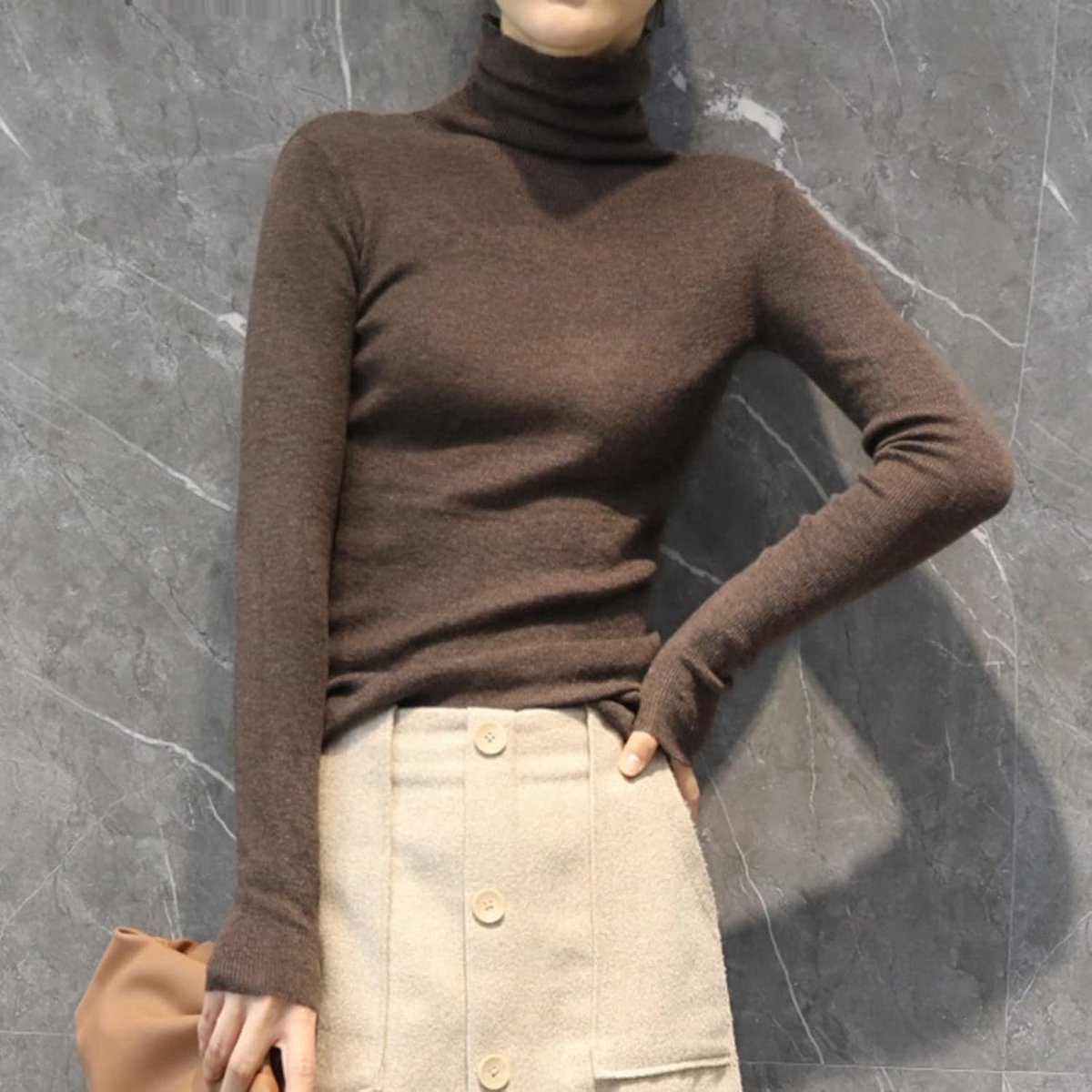 Coltrui Kasjmier Trui - Herfst Winter Dames Gebreide Trui, Mode Bruine Coltrui Slim Fit, Stretch Zachte Lange Mouwen, Elegante Streetwear Kerstcadeau,Koffie,S