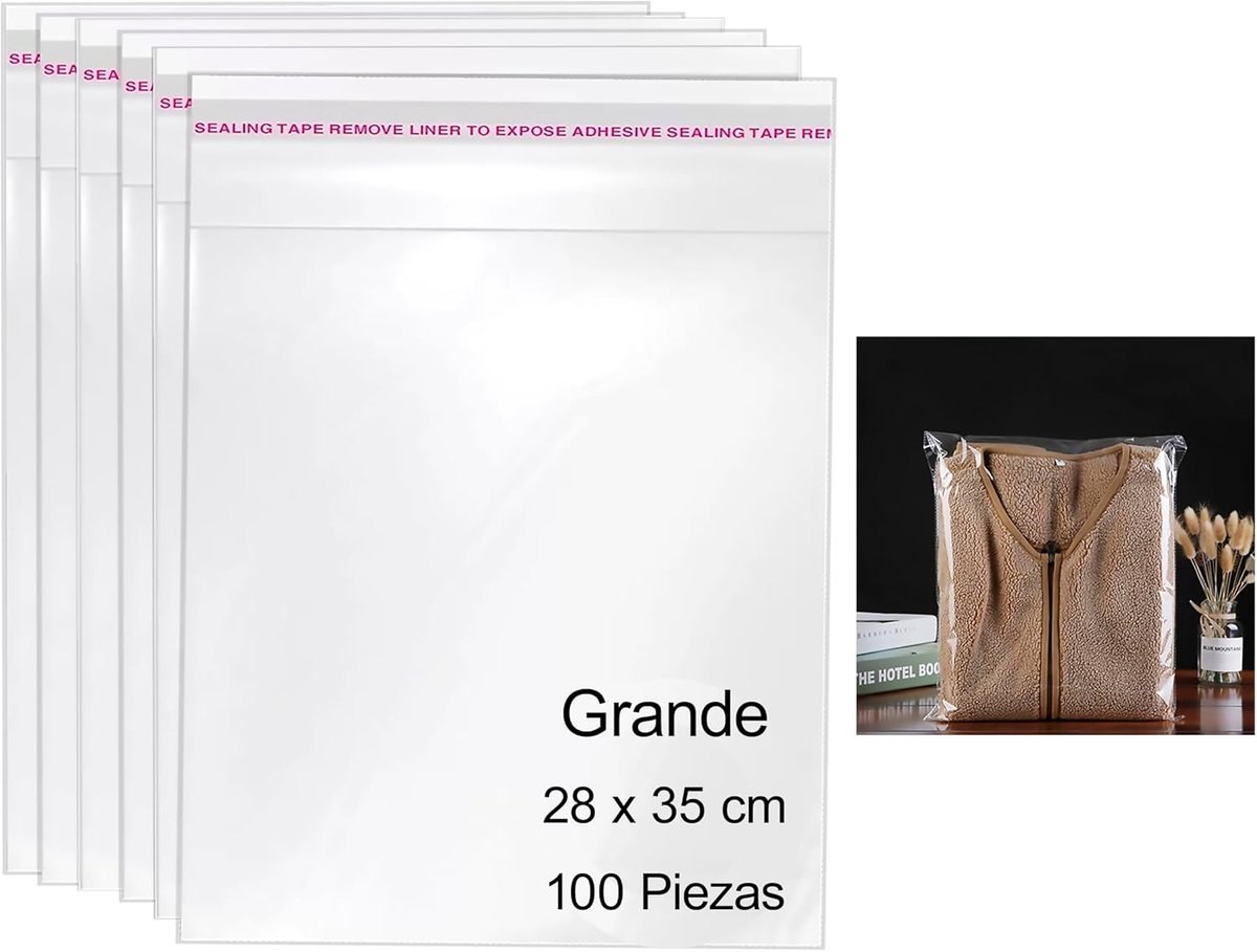 100 grote, transparante cellofaanzakjes, zelfklevend, multifunctionele plastic zakken, 100 stuks (28 x 35 cm)