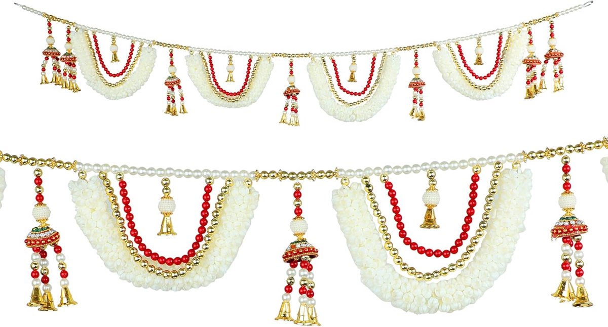 Flower Door Toran Garlands Hanging Mogra Flowers with Moti Beads Hanging Bandanwar for Home Festival Door Entrance Indian Traditional Festival New year Decorations(Size:-50")(Multicolour)