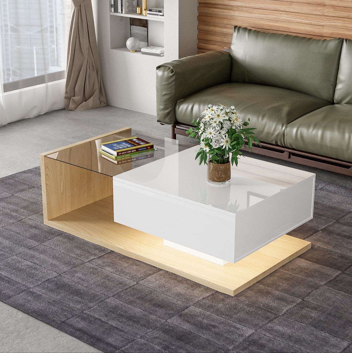 MEUNIQ Salontafel 105 x 55 x 32,5 cm met glazen blad, open opbergvak en verstelbare 16-kleuren ledverlichting voor woonkamer, wit en houtkleur