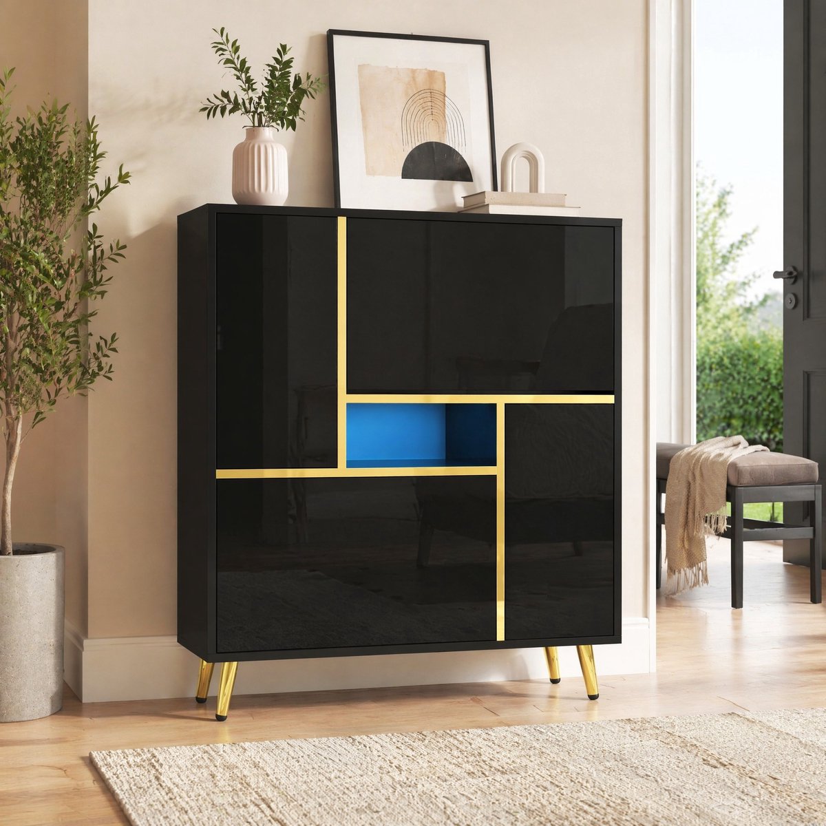 MEUNIQ Schoenenkast 80 x 25 x 96 cm - 2 deuren met verstelbare planken, 16-kleuren ledverlichting via app, hoogglans front en gouden details - Zwart