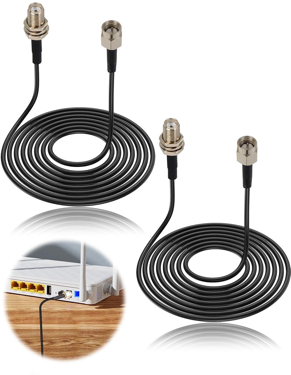 2 stuks RP-SMA verlengkabel, 3 m, RP-SMA stekker naar busadapter met verliesarme RG58 coaxkabel, compatibel met router, WLAN, GPS, FPV, SDR LTE radioapparatuur