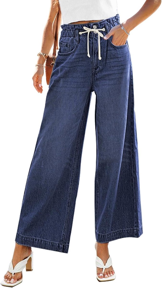 Jeans dames hoge taille met elastische tailleband stretch baggy flared jeans