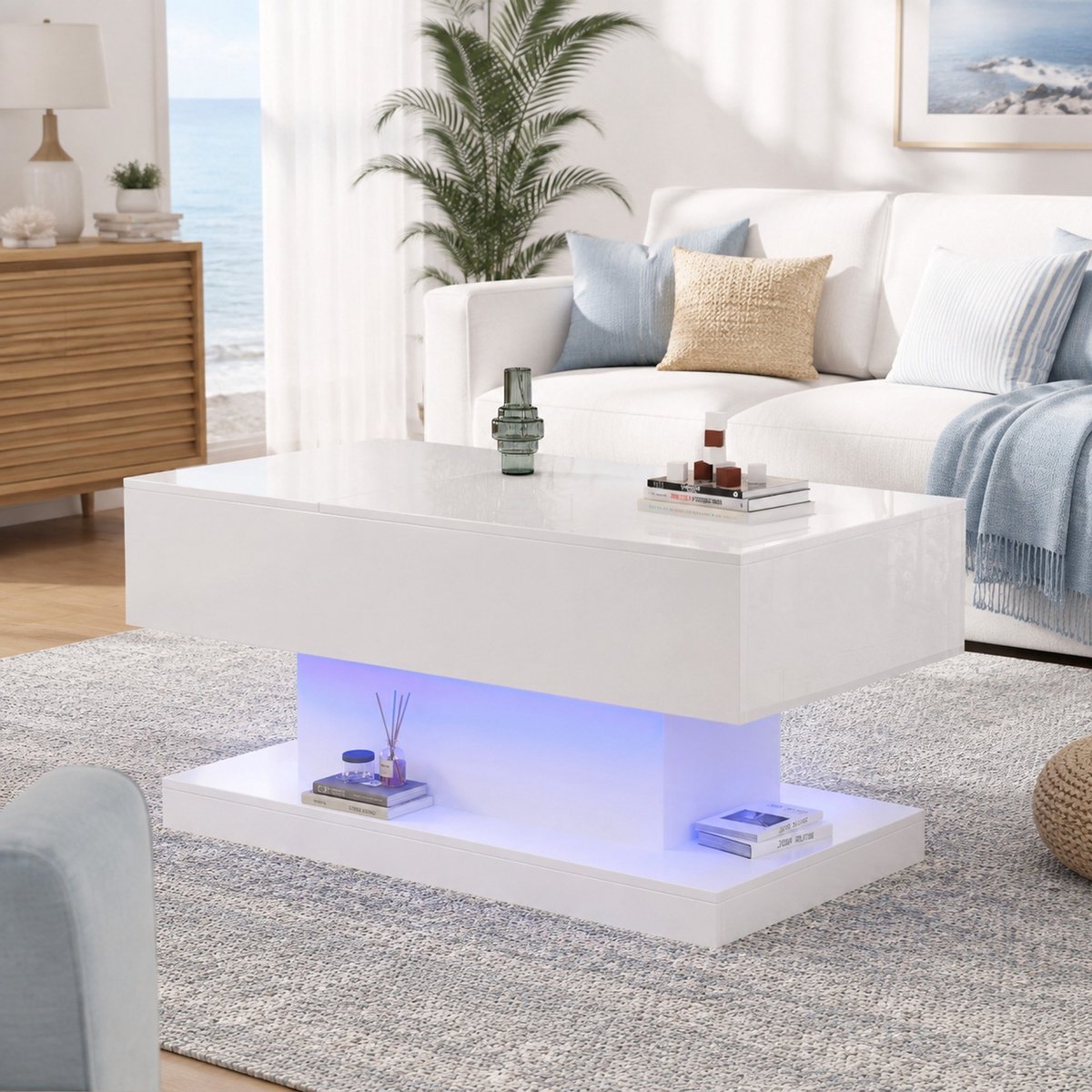 MEUNIQ Salontafel 100 x 50 x 45 cm met hydraulisch hefbaar tafelblad, schuifbaar blad, LED-verlichting en opbergruimte voor woonkamer, wit hoogglans