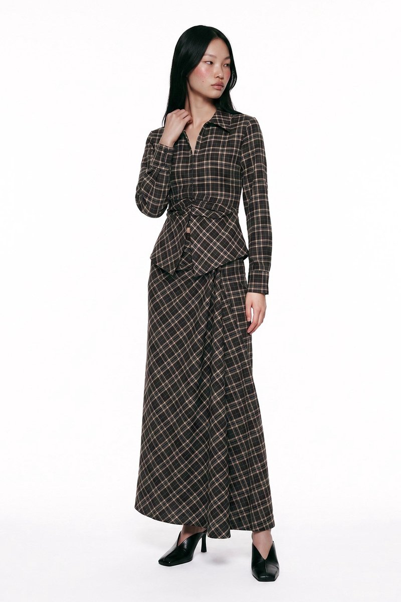 Van Verla - Geplooide midi rok met ruitprint Dames - Gedrapeerd - Bruin - Maat S