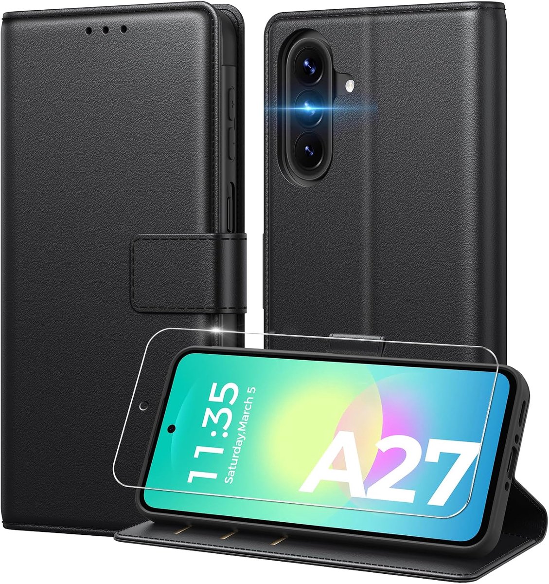 Hoes voor mobiele telefoon voor Samsung Galaxy 27 5G, met 1 stuk pantserveiligheidsglas, premium PU-leer, RFID-blokkering, kaartenvak, klaphoes, compatibel met Galaxy 5G/4G, zwart