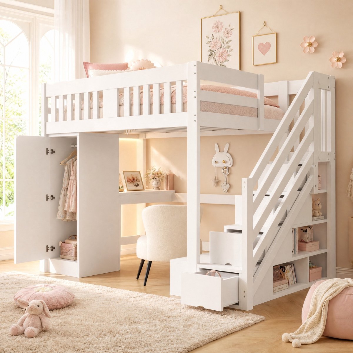 MEUNIQ Hoogslaper 140 x 200 cm met bureau, kledingkast, opbergtrap, opbergbank, meerkleurige ledverlichting en uitvalbeveiliging voor kinderkamer - Wit