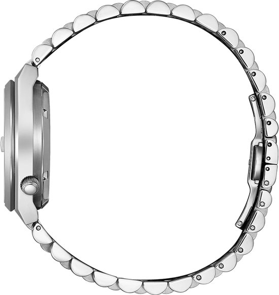 Zijkant van een zilverkleurig horloge met een metalen band, die rond is gevormd.