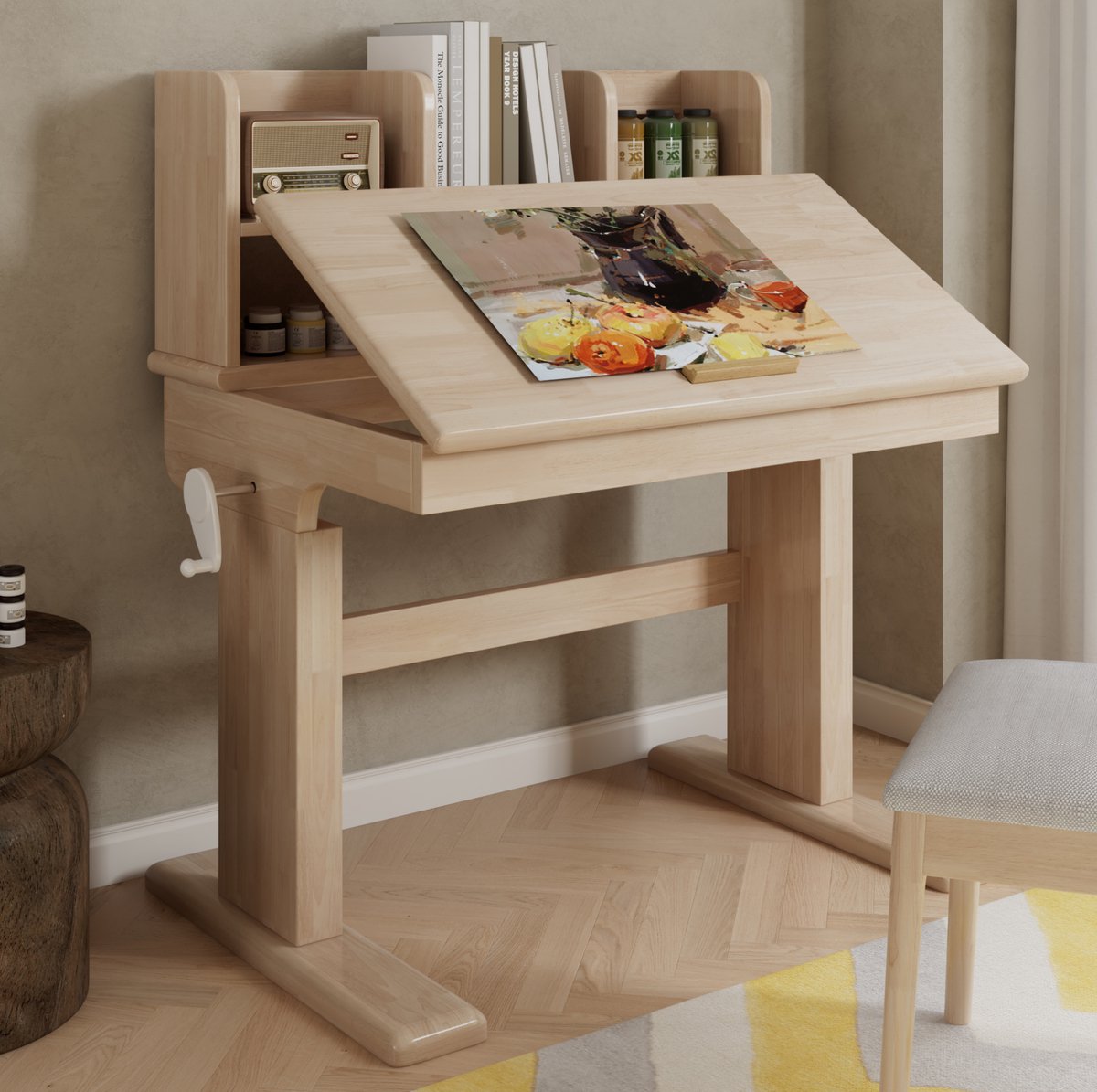 MEUNIQ hoogteverstelbaar kinderbureau van hout met handkruk, kantelbaar tafelblad 0–43°, open opbergruimte en boekensteun voor de kinderkamer, naturel