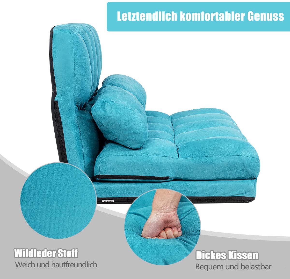 Costway Lazy sofa met 2 kussens, slaapbank met 6 standen verstelbare rugleuning, inklapbaar, vloerbank voor slaapkamer, woonkamer en balkon (blauw)