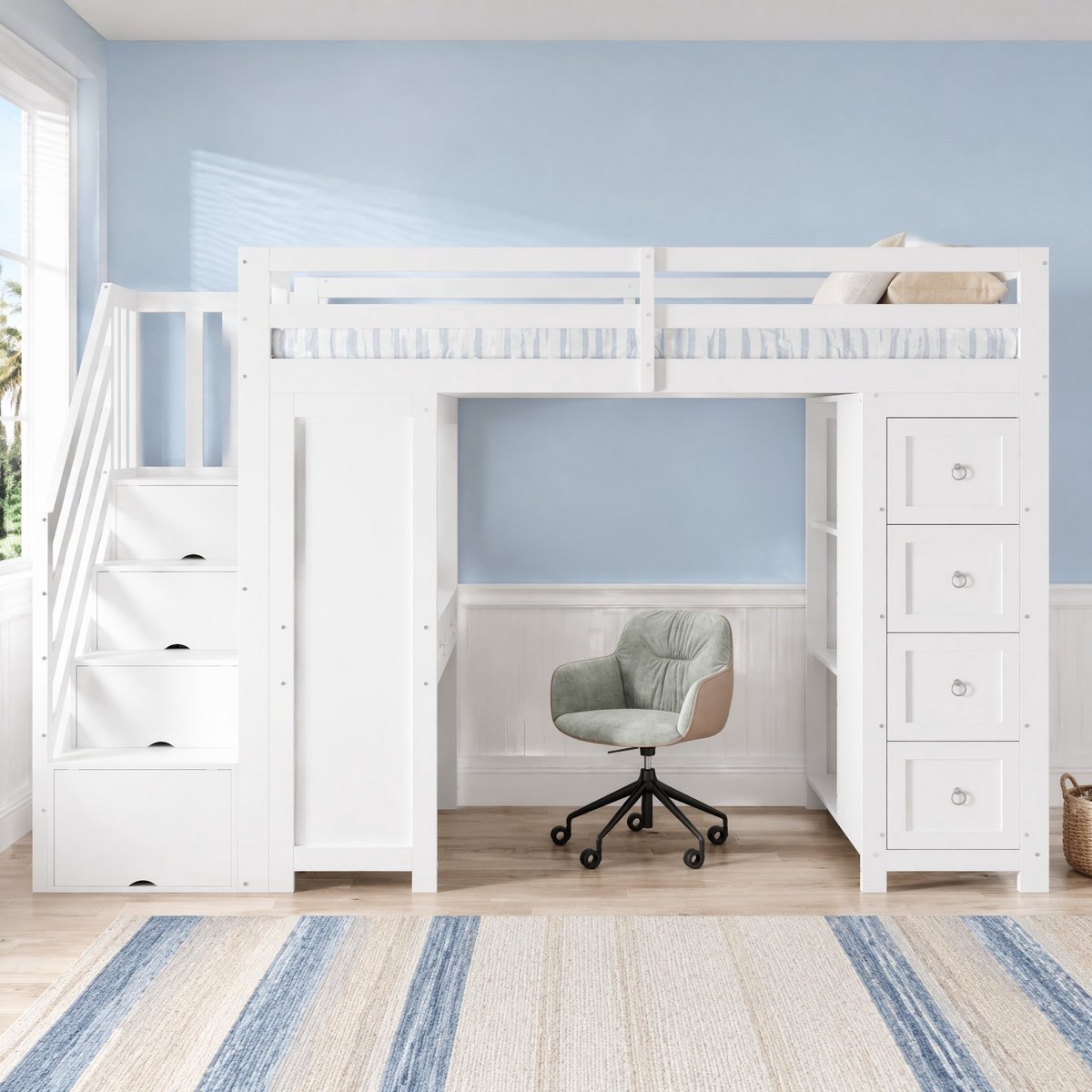 MEUNIQ Hoogslaper voor kinderen 90x200 cm met bureau, 6 lades, zijplanken, opbergtrap en vierzijdige bedhekken voor kinderkamer - wit