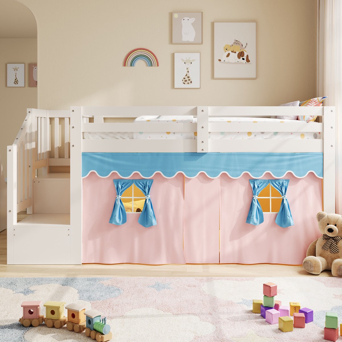 Merax Halfhoogslaper 90 x 200 cm - met verduisterende gordijnen - LED-verlichting - zonder matras - zonder klemmen - wit