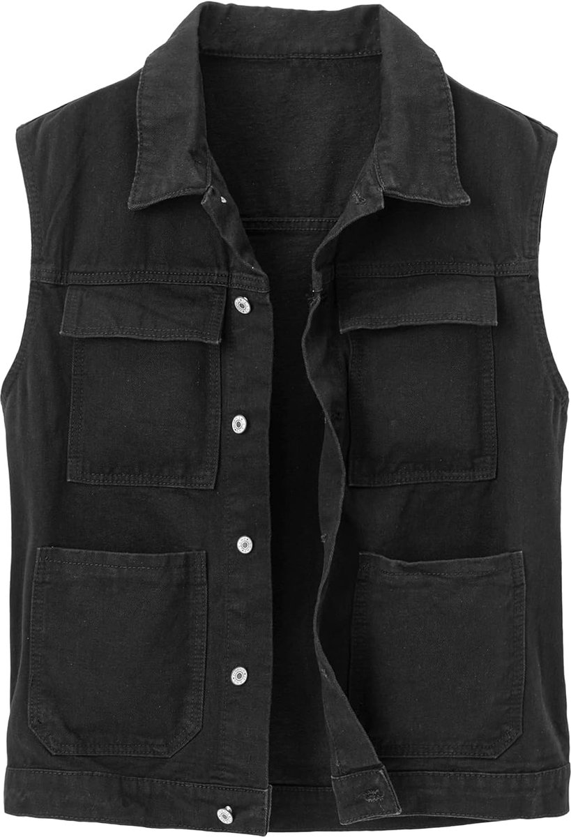 denim vest voor heren, mouwloos jeansjas, relaxte pasvorm, button-down revers vest, B-Zwart, XXL