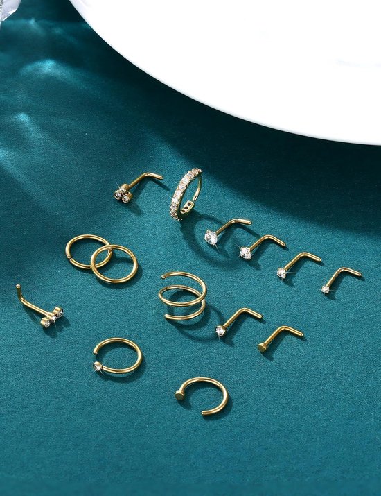 14 stuks neuspiercing, chirurgisch staal, neppiercings, hypoallergeen, 20 g, 18 g, helix, tragus, conch, septum, piercings, goud, zilver, neuspiercing, ringen — afbeelding 5