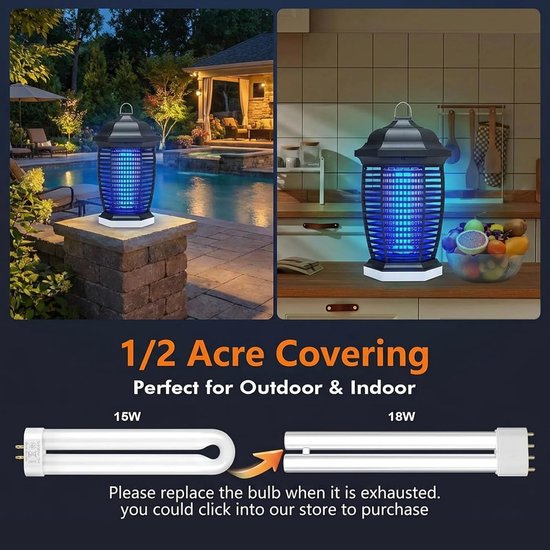 Insectenverdelger Elektrisch 4000V, 18W UV-Lampe Sterke Elektrische Insectenval Muggenlamp, Elektrische Vliegenval Muggenval Muggenafweer voor Tuin Binnen en Buiten (1,8M) — afbeelding 4
