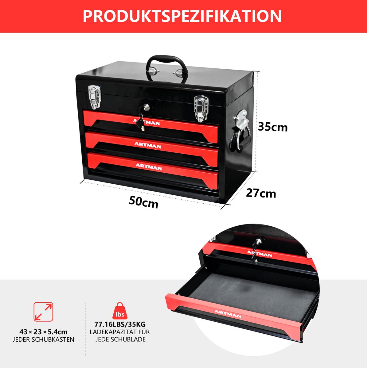 MEUNIQ Stalen gereedschapskist 50 x 27 x 35 cm met 3 kogelgelagerde lades, opbergblad, metalen sluitingen en handgreep, zwart rood