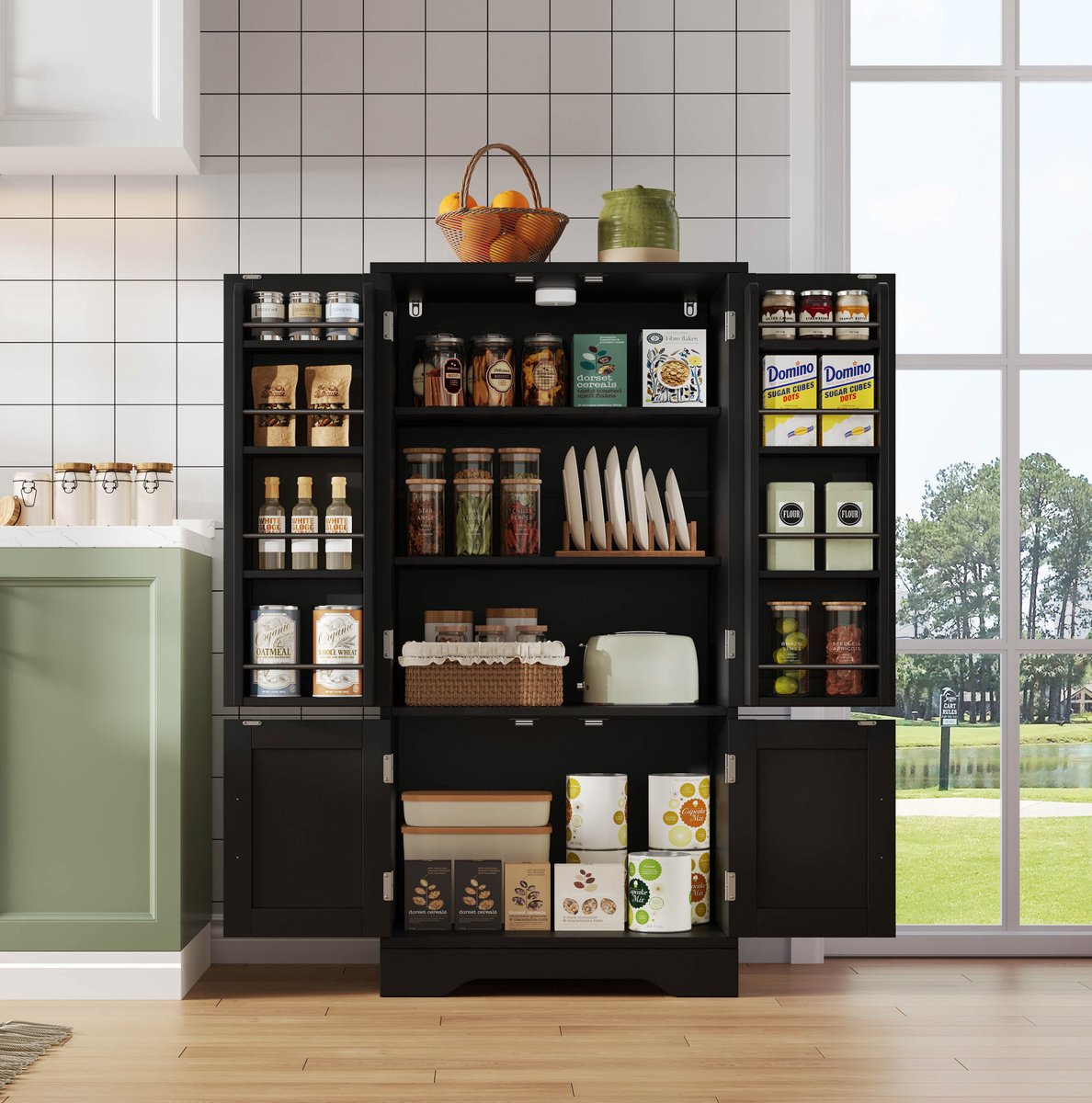 MEUNIQ Keukenkast 60 x 40 x 120,5 cm met 4 deuren, verstelbare planken, LED-sensorlicht en opbergruimte voor keuken, eetkamer of woonkamer - Zwart