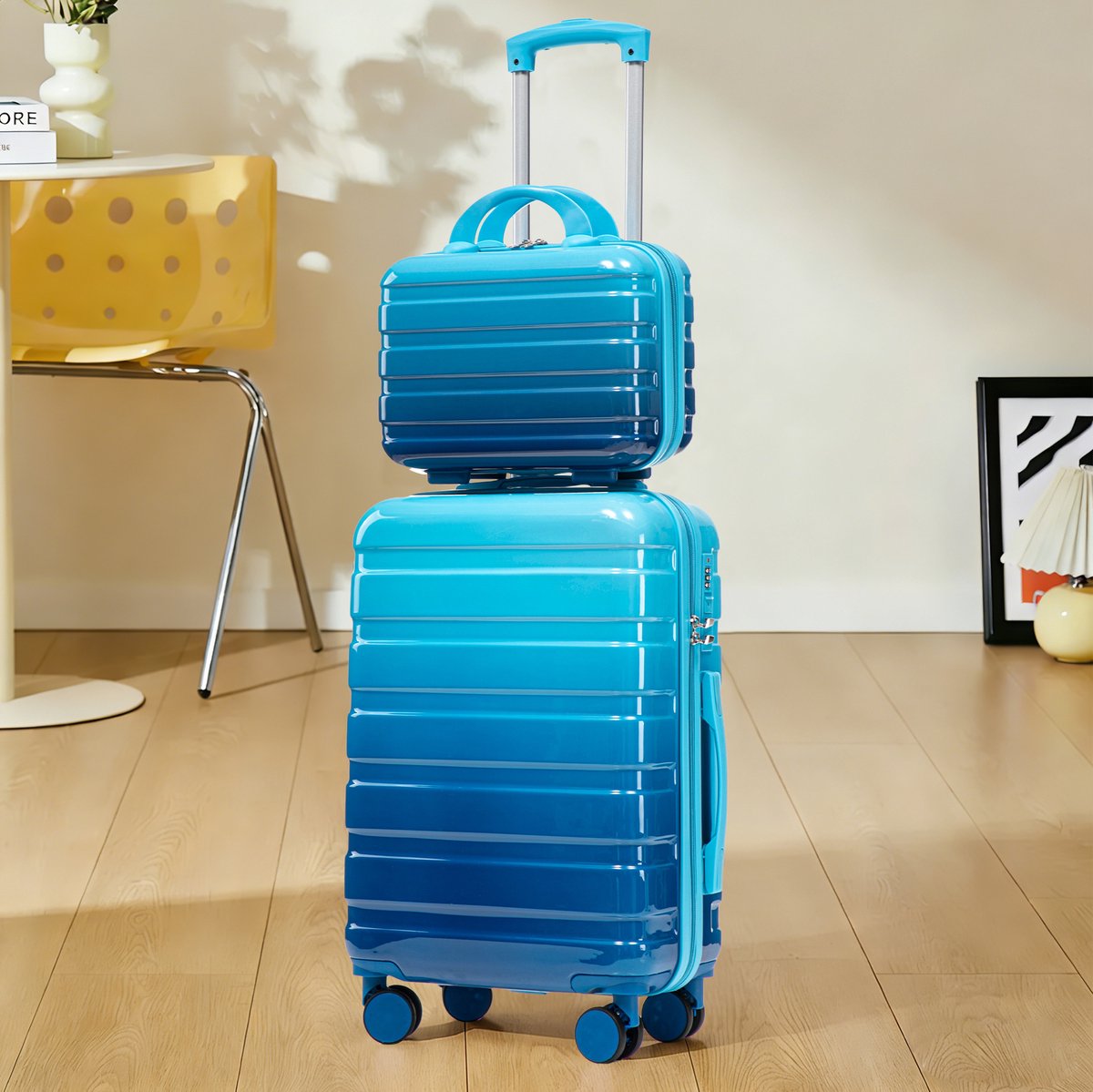 MEUNIQ 2-delige hardcase kofferset 20 inch met 14 inch cosmetica-organizer, polycarbonaat schaal, cijferslot, 4 spinnerwielen en verstelbare trekstang, blauw