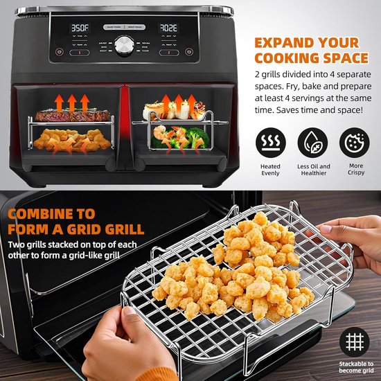 Accessoires stapelbaar grillrooster voor Dual Zone Airfryer 7,6L- 10L, 2-delige set roestvrij stalen grill-inzetstukken compatibel met Ninja, Cosori, Russell Hobbs — afbeelding 3