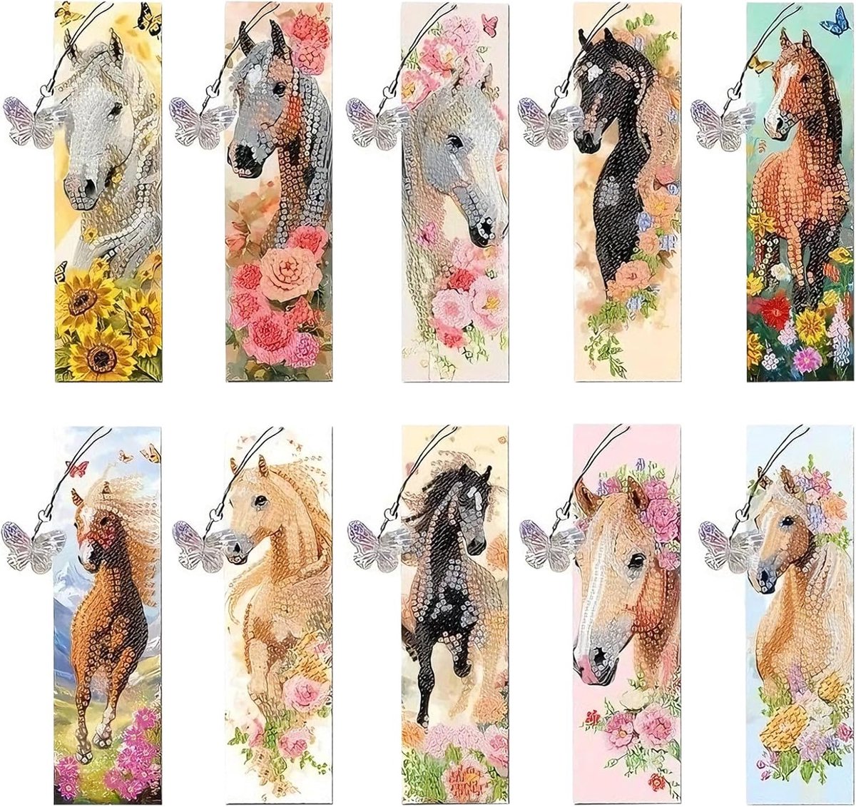 10 stuks Diamond Painting boekenlegger paard, Diamant Painting paarden boekenlegger knutselen met hanger DIY boekenlegger knutselset speelgoed cadeaus voor meisjes