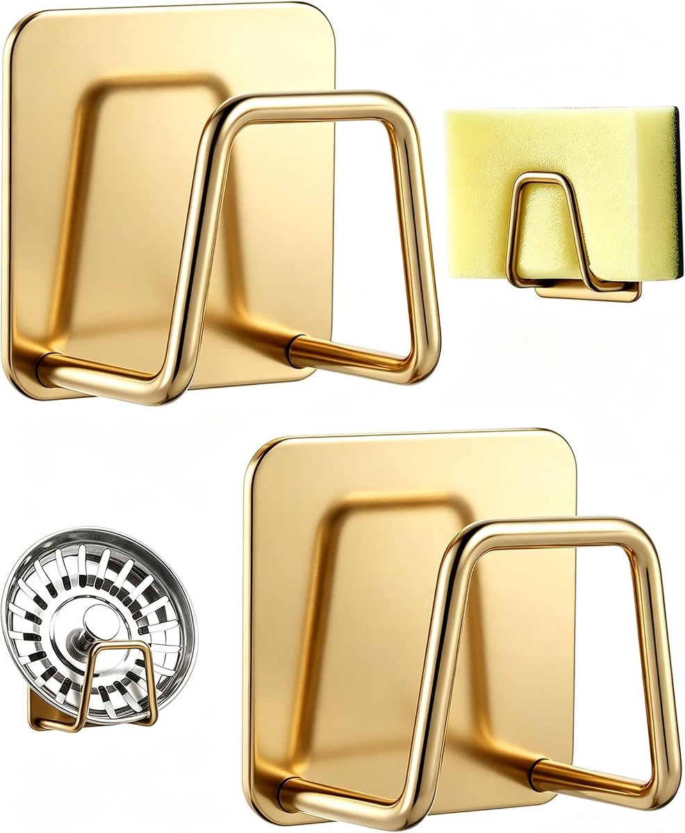 2 stuks sponshouders keukenspoelbak, waterdichte haak sponshouder voor de gootsteen, 5 x 5, roestvrij staal, voor sponzen, borstels, theedoeken (goud)